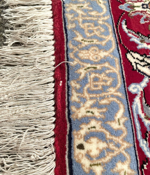 Persian Red and White Esfahan Rug with Lilac and Periwinkle Blue Accents - Fine Kork (Cashmere) Wool on Silk Foundation