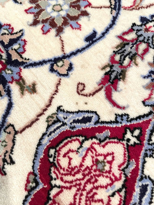 Persian Red and White Esfahan Rug with Lilac and Periwinkle Blue Accents - Fine Kork (Cashmere) Wool on Silk Foundation