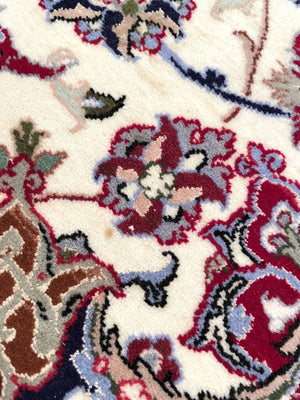 Persian Red and White Esfahan Rug with Lilac and Periwinkle Blue Accents - Fine Kork (Cashmere) Wool on Silk Foundation