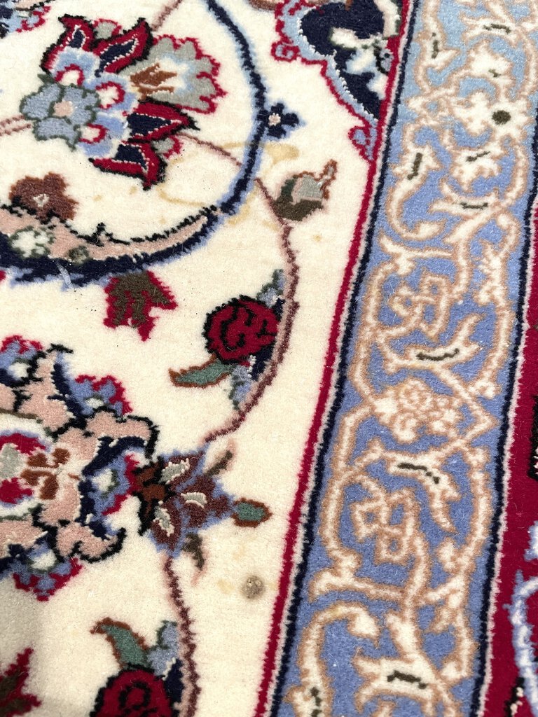 Persian Red and White Esfahan Rug with Lilac and Periwinkle Blue Accents - Fine Kork (Cashmere) Wool on Silk Foundation