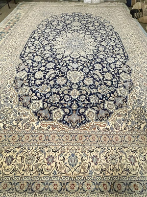 Nain Cream and Navy Blue Persian Rug with Blue, Brown and Red Accents - Fine Kork (Cashmere) Wool on Cotton Foundation