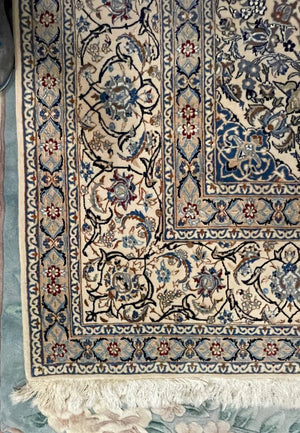 Nain Cream and Navy Blue Persian Rug with Blue, Brown and Red Accents - Fine Kork (Cashmere) Wool on Cotton Foundation