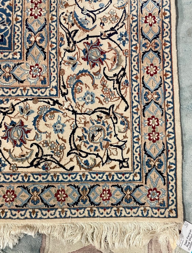 Nain Cream and Navy Blue Persian Rug with Blue, Brown and Red Accents - Fine Kork (Cashmere) Wool on Cotton Foundation