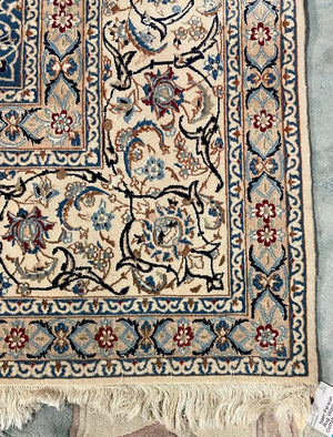 Nain Cream and Navy Blue Persian Rug with Blue, Brown and Red Accents - Fine Kork (Cashmere) Wool on Cotton Foundation