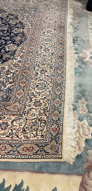 Nain Cream and Navy Blue Persian Rug with Blue, Brown and Red Accents - Fine Kork (Cashmere) Wool on Cotton Foundation