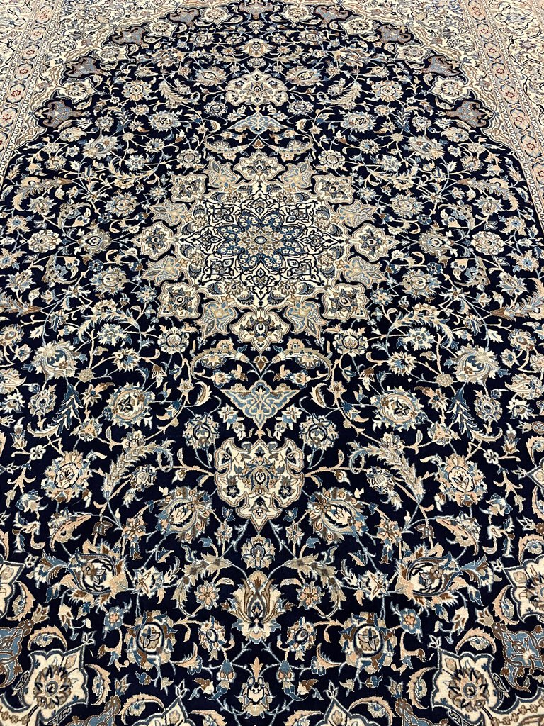 Nain Cream and Navy Blue Persian Rug with Blue, Brown and Red Accents - Fine Kork (Cashmere) Wool on Cotton Foundation