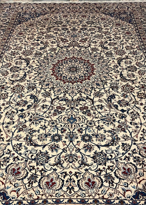 Nain Navy Blue and White Persian Rug with Red and Light Blue Accents - Kork (Cashmere) Wool and Silk Highlights on Cotton Foundation