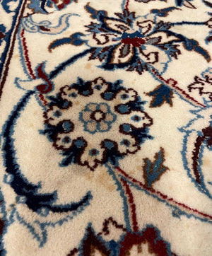 Nain Navy Blue and White Persian Rug with Red and Light Blue Accents - Kork (Cashmere) Wool and Silk Highlights on Cotton Foundation