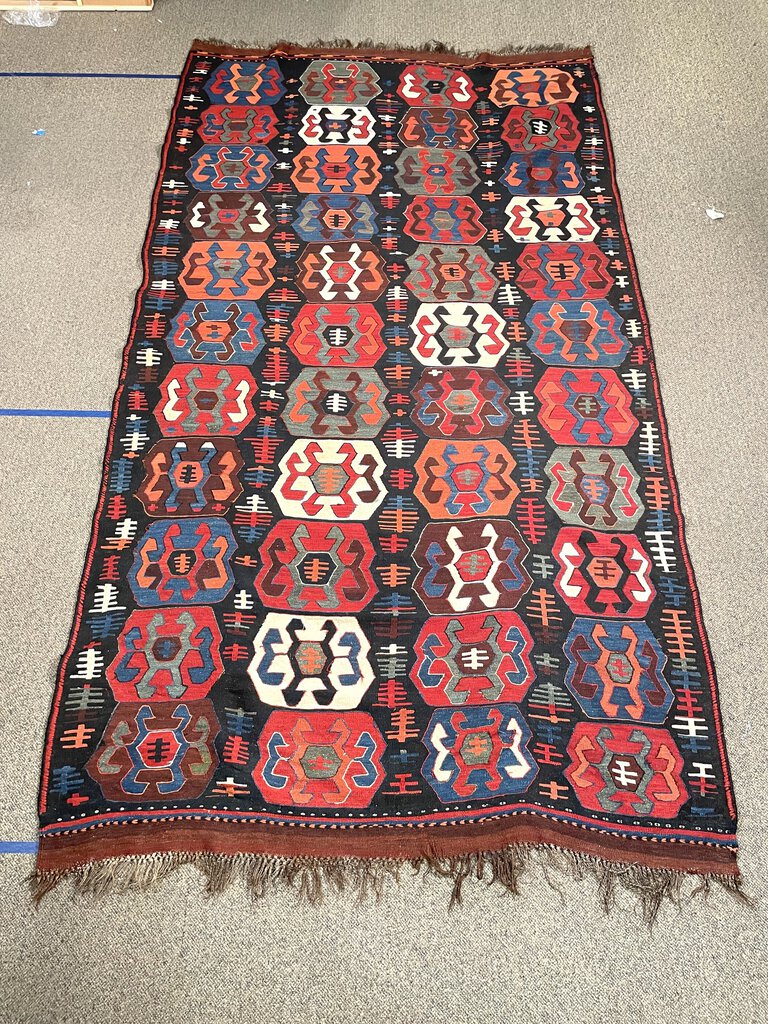 Afghan Black, Red and Blue Kilim (Northwestern Afghanistan) Rug with White, Orange and Green Accents- Wool on Wool Foundation