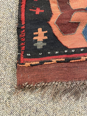 Afghan Black, Red and Blue Kilim (Northwestern Afghanistan) Rug with White, Orange and Green Accents- Wool on Wool Foundation