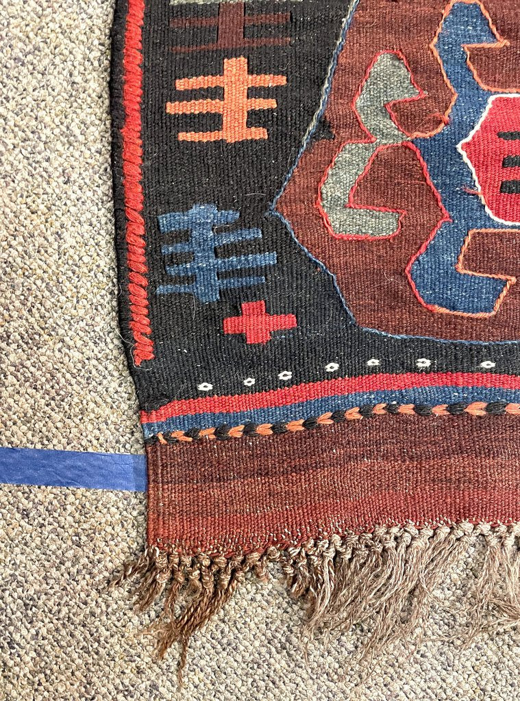 Afghan Black, Red and Blue Kilim (Northwestern Afghanistan) Rug with White, Orange and Green Accents- Wool on Wool Foundation