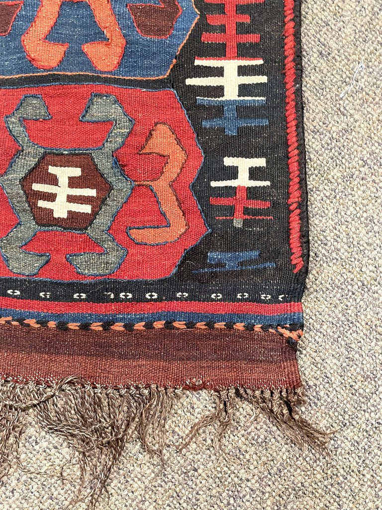 Afghan Black, Red and Blue Kilim (Northwestern Afghanistan) Rug with White, Orange and Green Accents- Wool on Wool Foundation