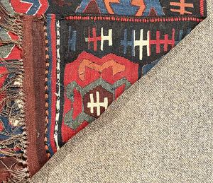 Afghan Black, Red and Blue Kilim (Northwestern Afghanistan) Rug with White, Orange and Green Accents- Wool on Wool Foundation