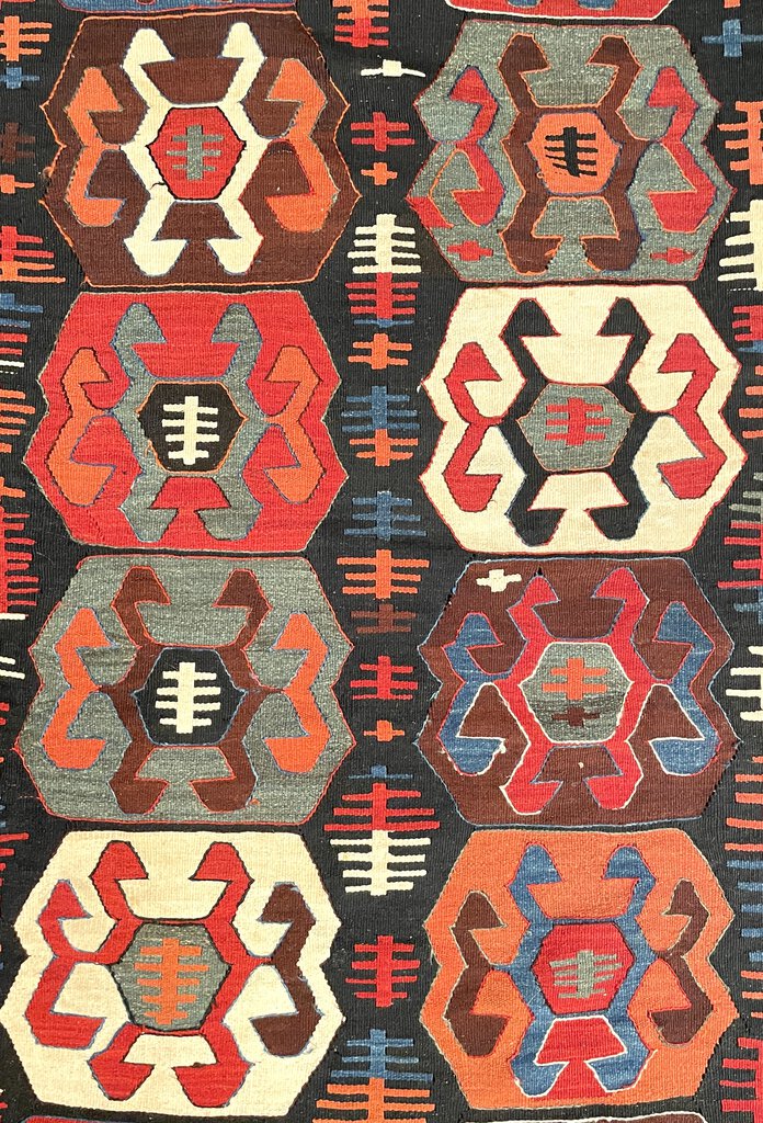 Afghan Black, Red and Blue Kilim (Northwestern Afghanistan) Rug with White, Orange and Green Accents- Wool on Wool Foundation