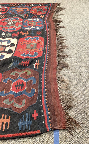 Afghan Black, Red and Blue Kilim (Northwestern Afghanistan) Rug with White, Orange and Green Accents- Wool on Wool Foundation