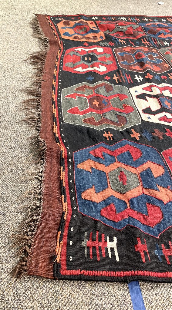 Afghan Black, Red and Blue Kilim (Northwestern Afghanistan) Rug with White, Orange and Green Accents- Wool on Wool Foundation