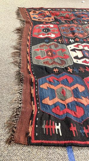 Afghan Black, Red and Blue Kilim (Northwestern Afghanistan) Rug with White, Orange and Green Accents- Wool on Wool Foundation