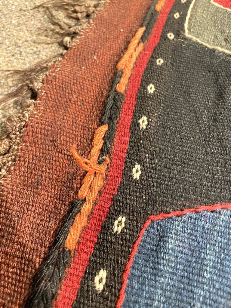 Afghan Black, Red and Blue Kilim (Northwestern Afghanistan) Rug with White, Orange and Green Accents- Wool on Wool Foundation