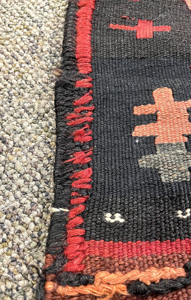 Afghan Black, Red and Blue Kilim (Northwestern Afghanistan) Rug with White, Orange and Green Accents- Wool on Wool Foundation