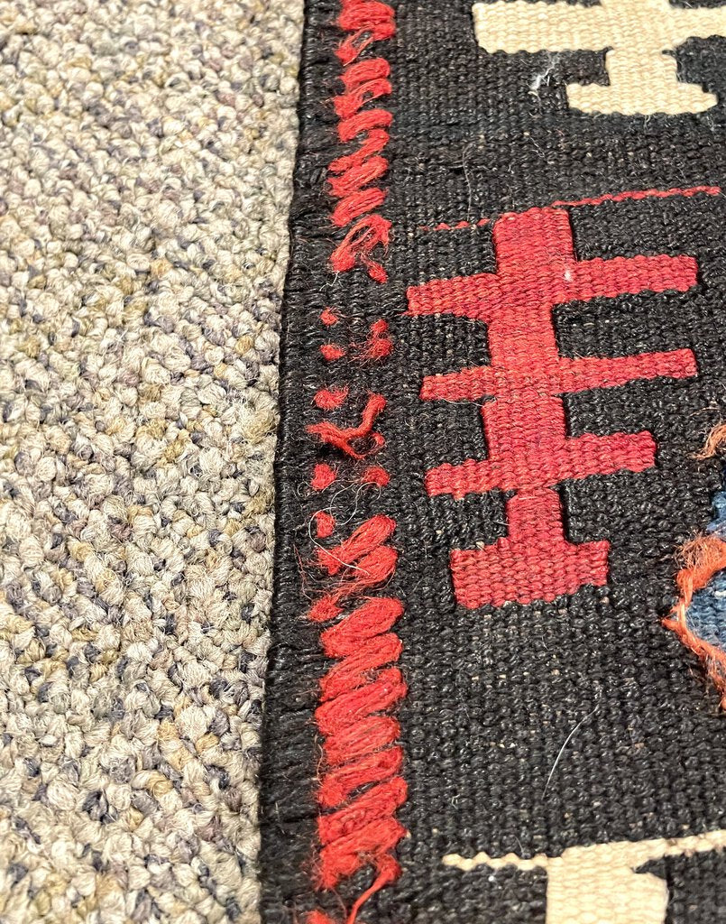 Afghan Black, Red and Blue Kilim (Northwestern Afghanistan) Rug with White, Orange and Green Accents- Wool on Wool Foundation