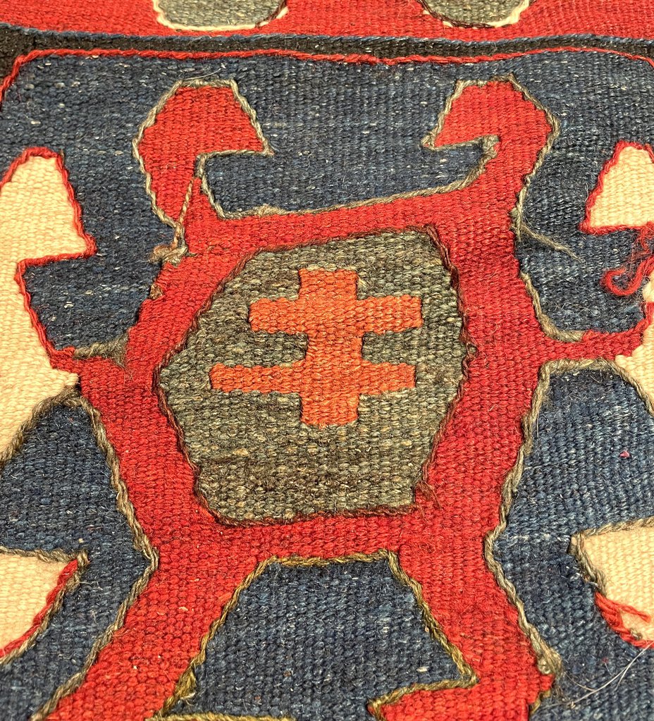 Afghan Black, Red and Blue Kilim (Northwestern Afghanistan) Rug with White, Orange and Green Accents- Wool on Wool Foundation