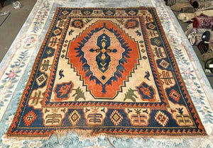 Turkish Orange, Navy Blue and Cream Kars Rug - Wool on Wool Foundation