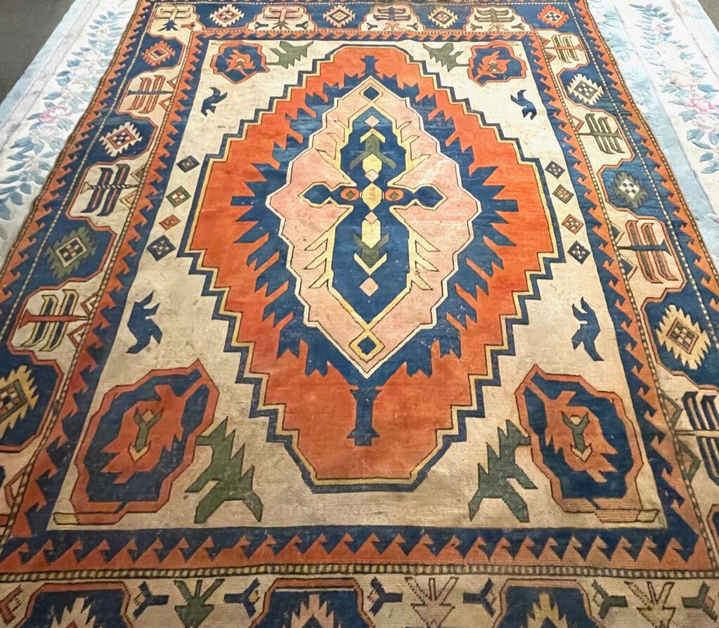 Turkish Orange, Navy Blue and Cream Kars Rug - Wool on Wool Foundation