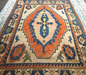 Turkish Orange, Navy Blue and Cream Kars Rug - Wool on Wool Foundation