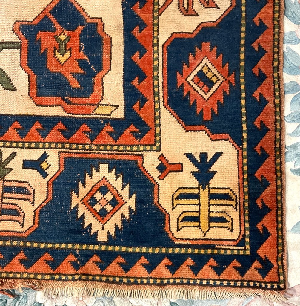 Turkish Orange, Navy Blue and Cream Kars Rug - Wool on Wool Foundation