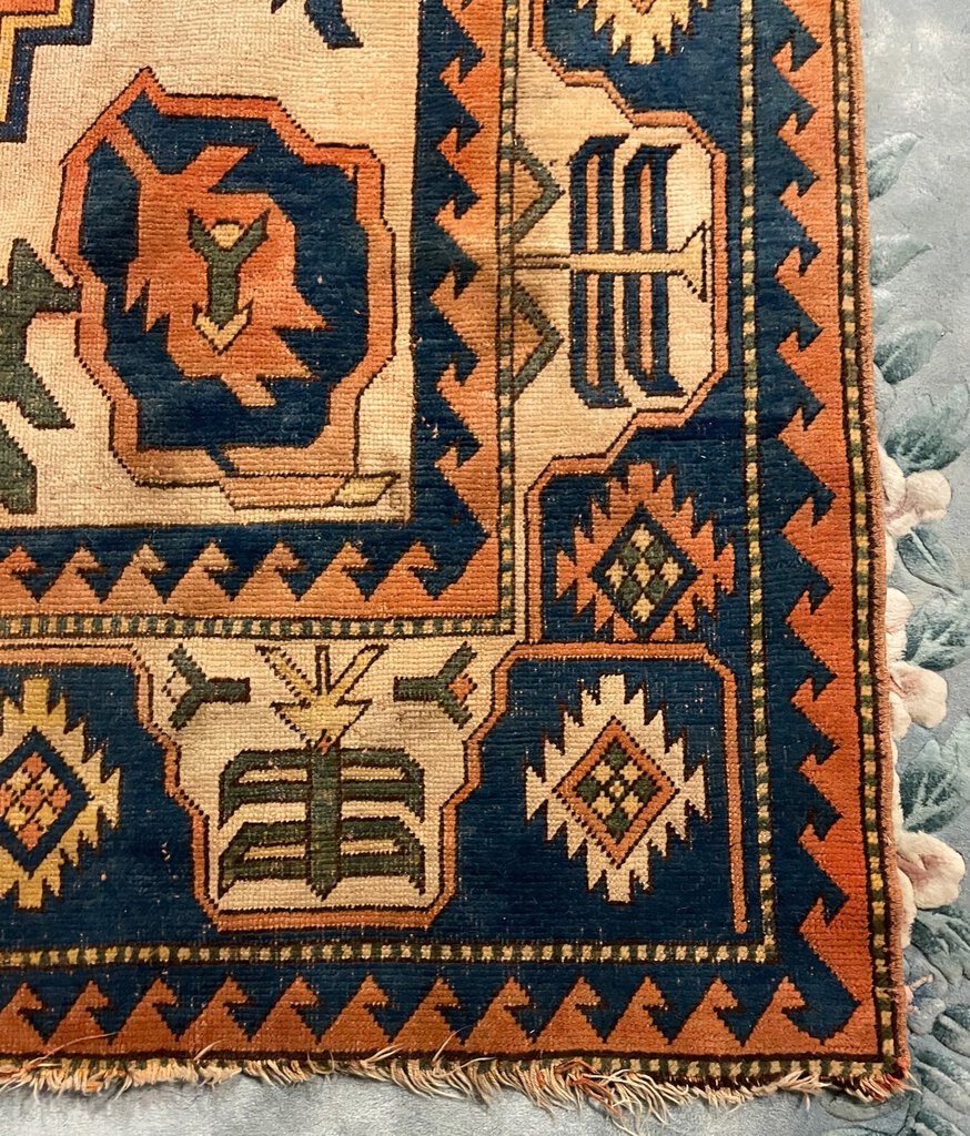 Turkish Orange, Navy Blue and Cream Kars Rug - Wool on Wool Foundation