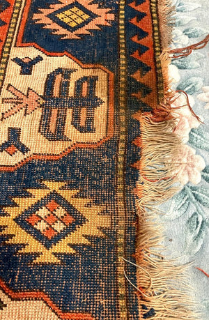 Turkish Orange, Navy Blue and Cream Kars Rug - Wool on Wool Foundation