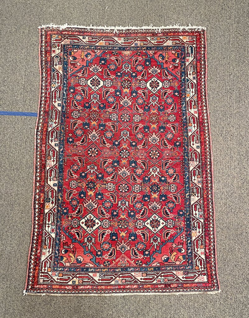 Antique Red and Navy Blue Senneh (Kurdistan, North Persia) Rug with White Accents- Wool on Cotton Foundation