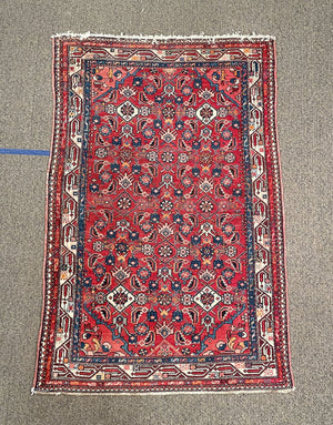 Antique Red and Navy Blue Senneh (Kurdistan, North Persia) Rug with White Accents- Wool on Cotton Foundation