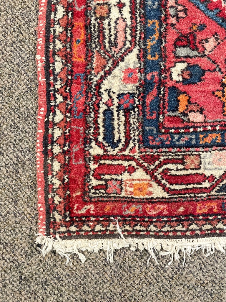 Antique Red and Navy Blue Senneh (Kurdistan, North Persia) Rug with White Accents- Wool on Cotton Foundation