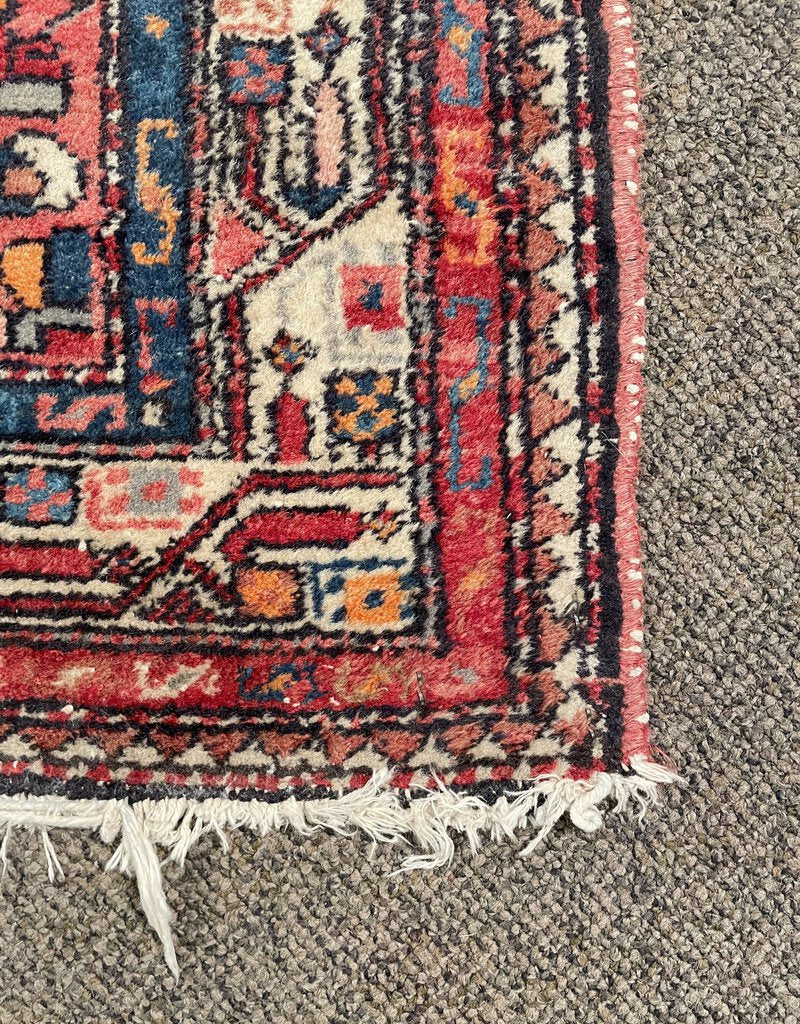 Antique Red and Navy Blue Senneh (Kurdistan, North Persia) Rug with White Accents- Wool on Cotton Foundation