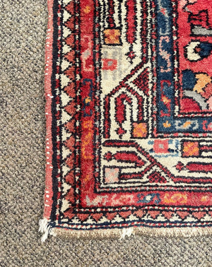 Antique Red and Navy Blue Senneh (Kurdistan, North Persia) Rug with White Accents- Wool on Cotton Foundation