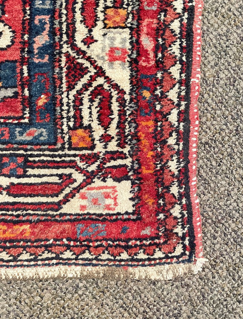 Antique Red and Navy Blue Senneh (Kurdistan, North Persia) Rug with White Accents- Wool on Cotton Foundation