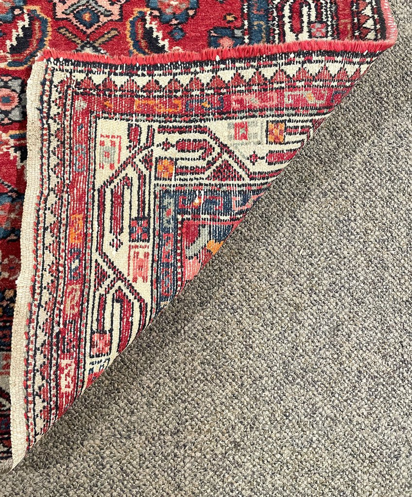 Antique Red and Navy Blue Senneh (Kurdistan, North Persia) Rug with White Accents- Wool on Cotton Foundation