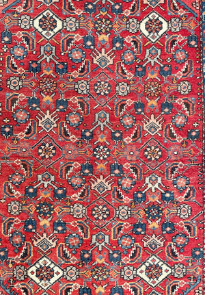 Antique Red and Navy Blue Senneh (Kurdistan, North Persia) Rug with White Accents- Wool on Cotton Foundation