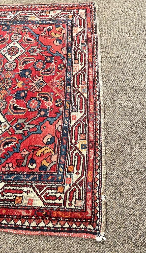 Antique Red and Navy Blue Senneh (Kurdistan, North Persia) Rug with White Accents- Wool on Cotton Foundation