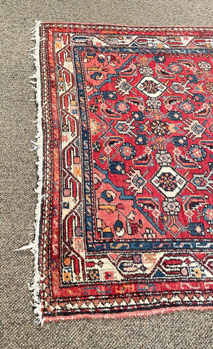 Antique Red and Navy Blue Senneh (Kurdistan, North Persia) Rug with White Accents- Wool on Cotton Foundation