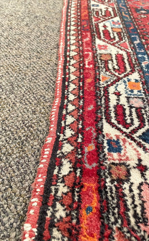 Antique Red and Navy Blue Senneh (Kurdistan, North Persia) Rug with White Accents- Wool on Cotton Foundation