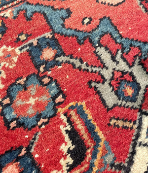 Antique Red and Navy Blue Senneh (Kurdistan, North Persia) Rug with White Accents- Wool on Cotton Foundation