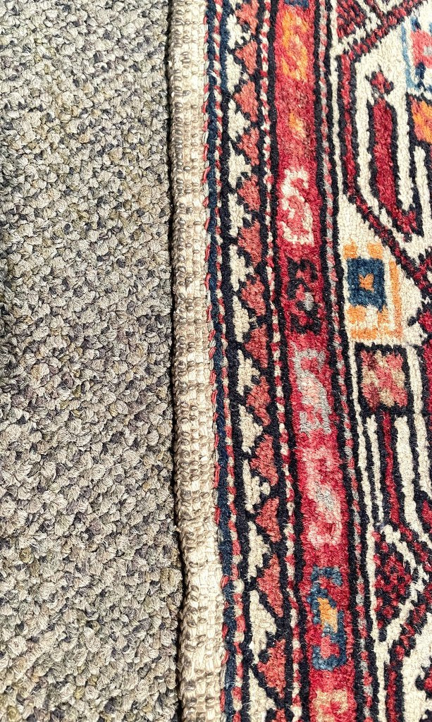 Antique Red and Navy Blue Senneh (Kurdistan, North Persia) Rug with White Accents- Wool on Cotton Foundation