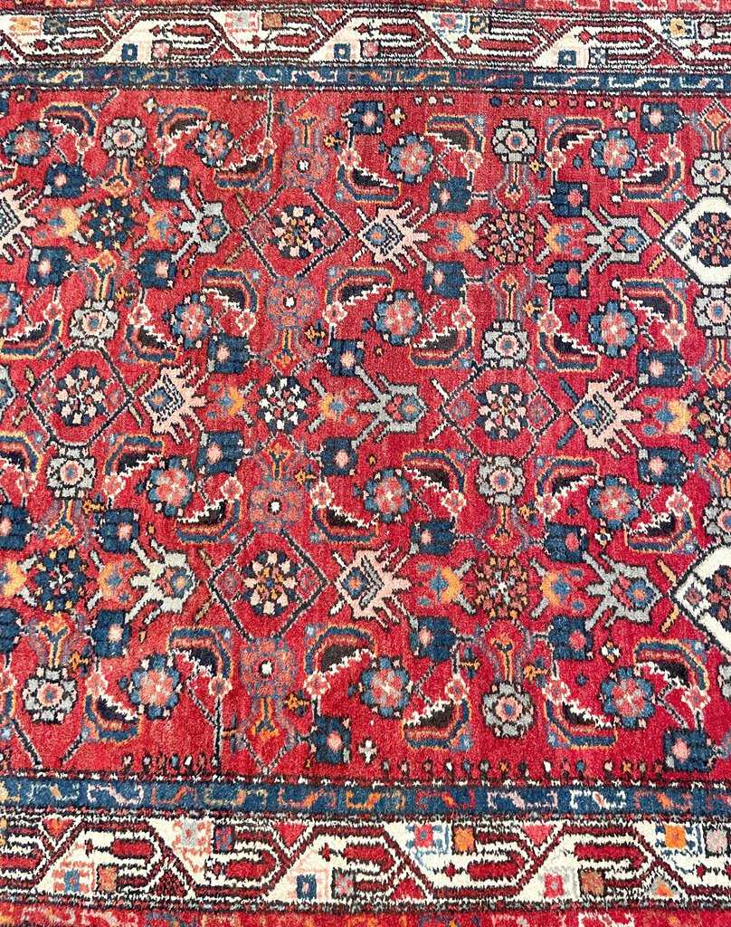 Antique Red and Navy Blue Senneh (Kurdistan, North Persia) Rug with White Accents- Wool on Cotton Foundation