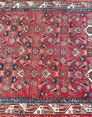 Antique Red and Navy Blue Senneh (Kurdistan, North Persia) Rug with White Accents- Wool on Cotton Foundation