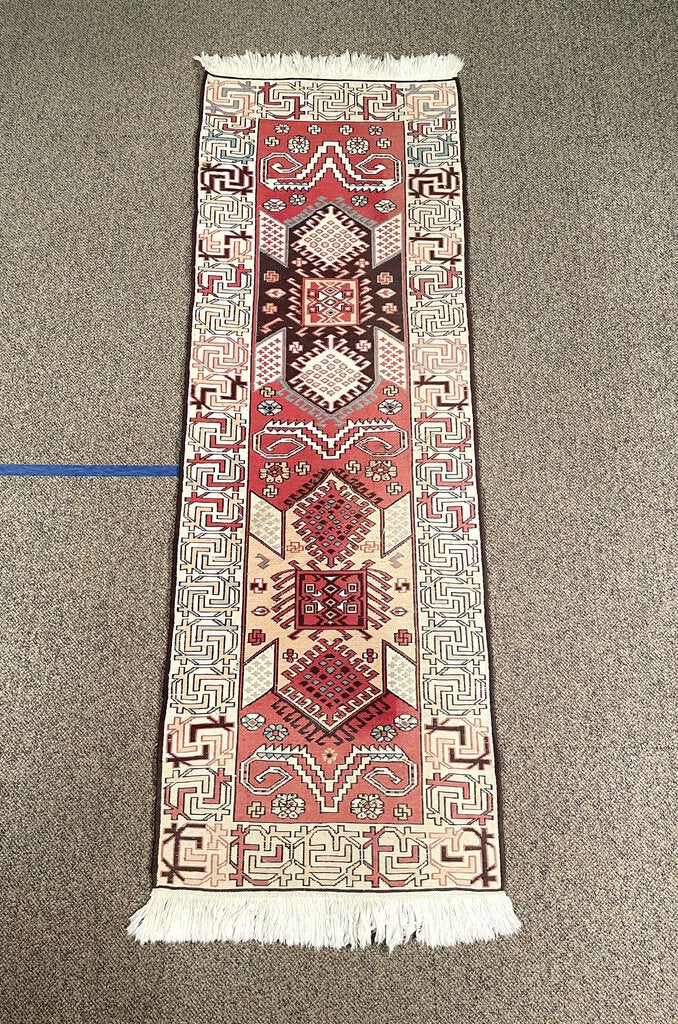 Azerbaijani Rustic Red and Cream Soumac Runner Rug with Black and Light Blue Accents- Wool on Wool Foundation