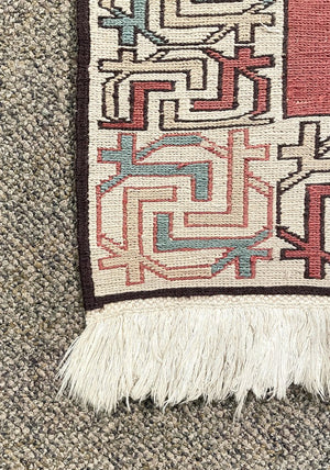 Azerbaijani Rustic Red and Cream Soumac Runner Rug with Black and Light Blue Accents- Wool on Wool Foundation