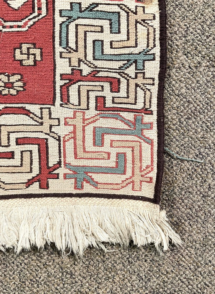 Azerbaijani Rustic Red and Cream Soumac Runner Rug with Black and Light Blue Accents- Wool on Wool Foundation