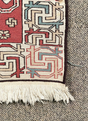 Azerbaijani Rustic Red and Cream Soumac Runner Rug with Black and Light Blue Accents- Wool on Wool Foundation